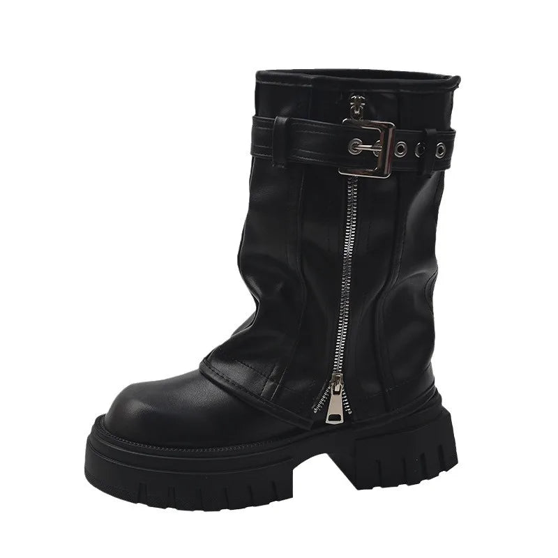 Autumn Winter Women Biker Boots Fashion Belt Buckle Ladies Elegant Platform Flats Short Booties Casual Women's Knight Booties