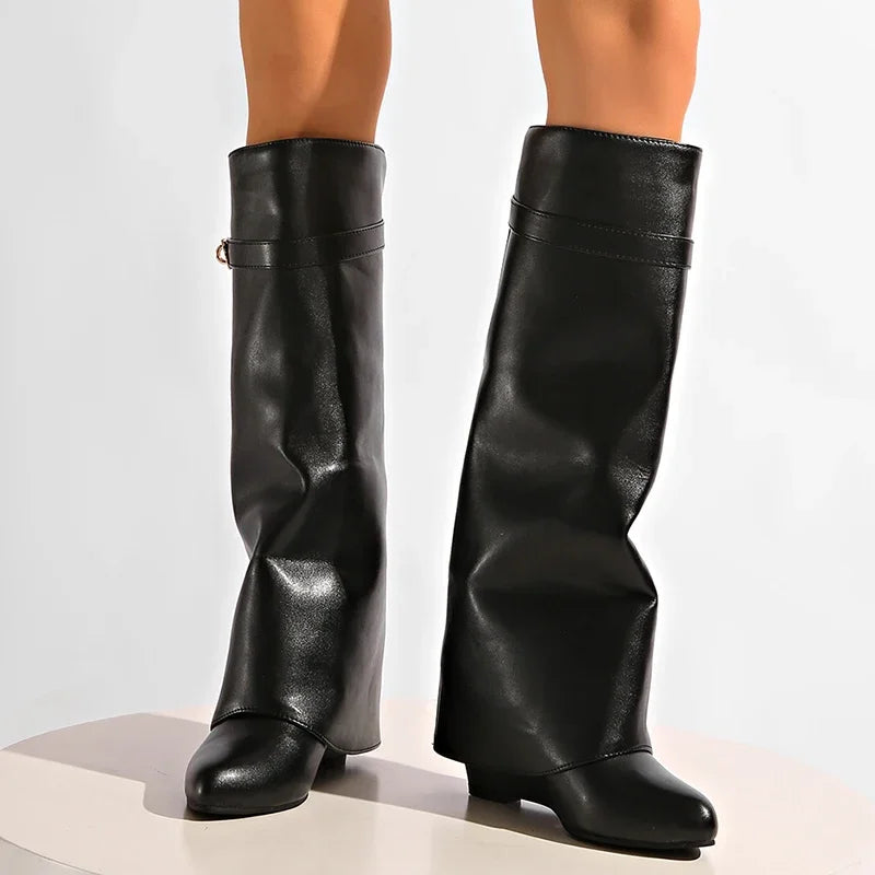 Black Pu Leather Knee High Boots Women Sexy Pointed Toe Straight Leg Boots Woman Punk Style Wedge High Heels Long Botas Mujer