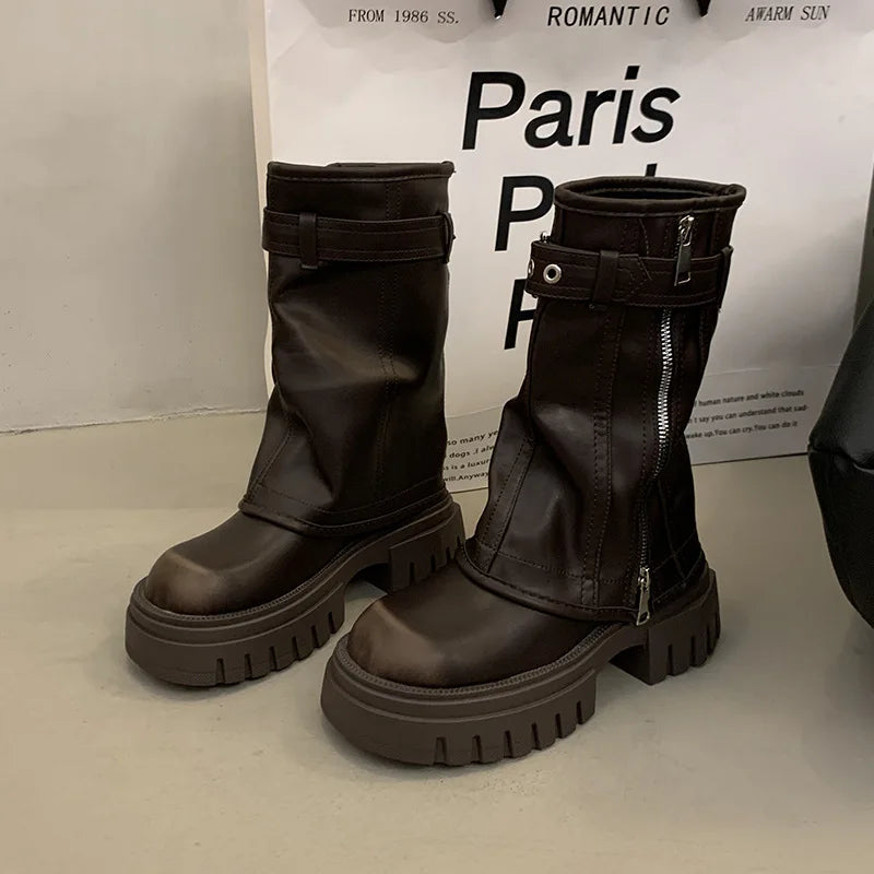 Autumn Winter Women Biker Boots Fashion Belt Buckle Ladies Elegant Platform Flats Short Booties Casual Women's Knight Booties