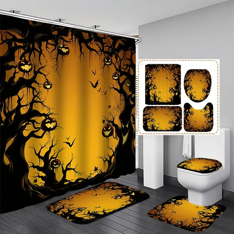 Halloween Elements 3D Digital Printing Shower Curtain Bathroom Waterproof Partition Curtain 180*180 Four-piece Set Holiday Dress