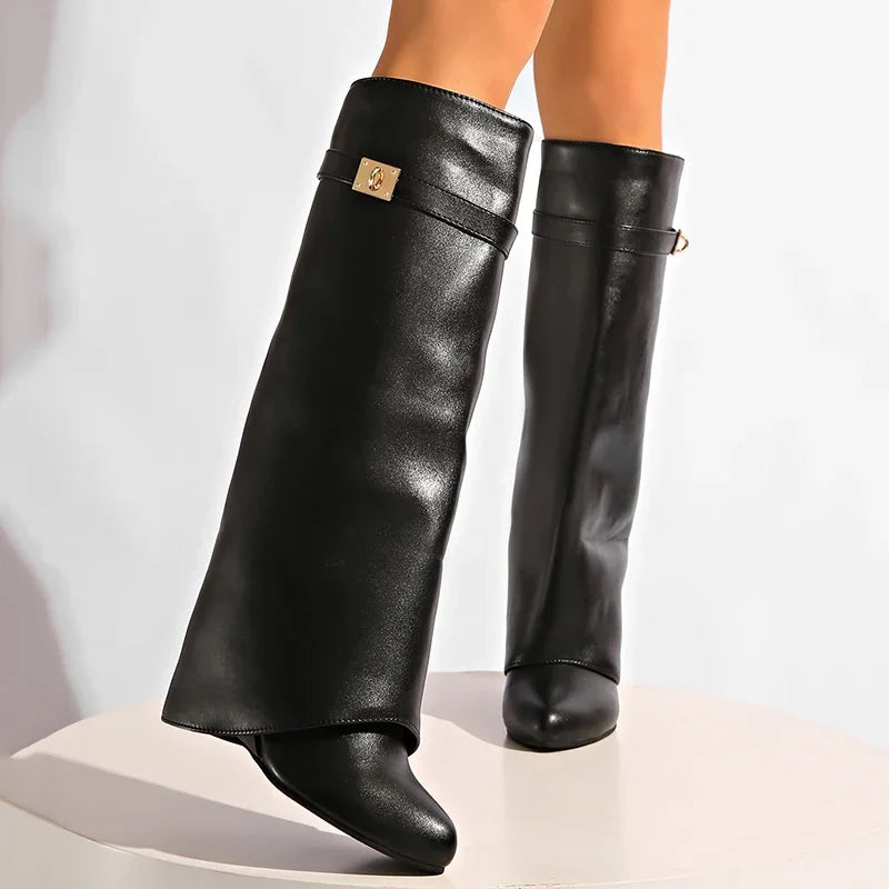 Black Pu Leather Knee High Boots Women Sexy Pointed Toe Straight Leg Boots Woman Punk Style Wedge High Heels Long Botas Mujer
