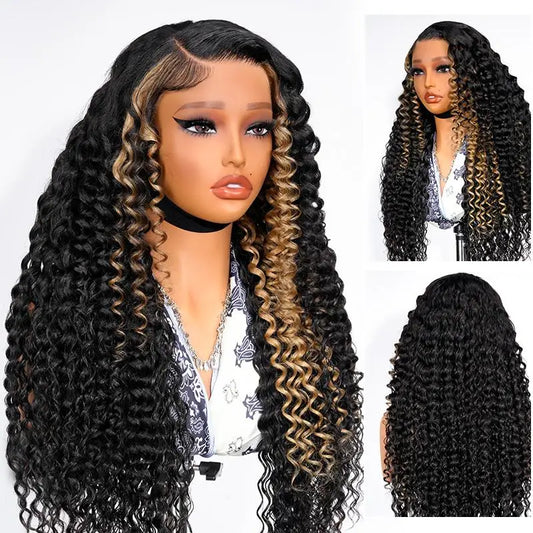 Alipearl Hair Glueless Wig Side Part Highlight Deep Wave Lace Front Wig Human Hair Pre Cut Hairline Balayage 13x4 Wig Human Hair