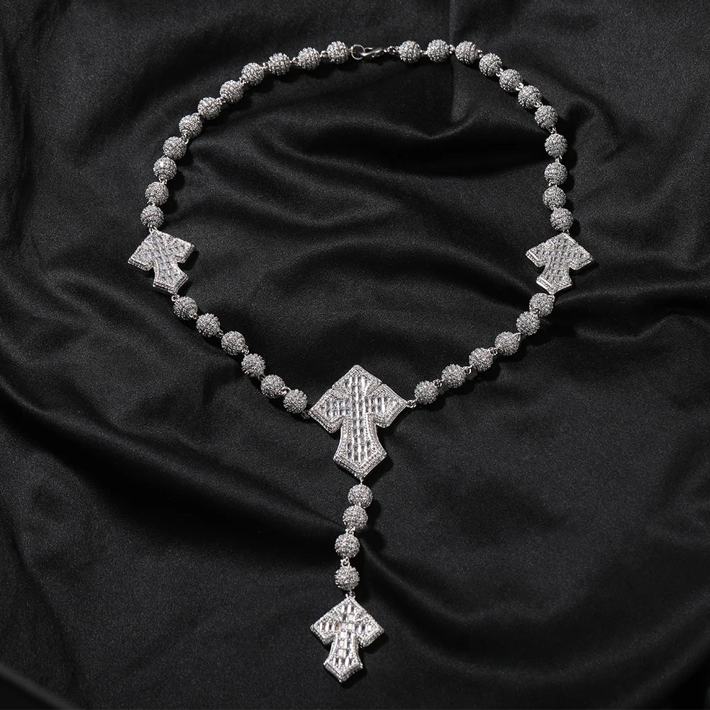 TBTK 9mm Icy Bead Link Chain With Drip BaguetteCZ Cross Prong Setting 5A Cubic Zirconia Necklace Men Women Hiphop Jewelry
