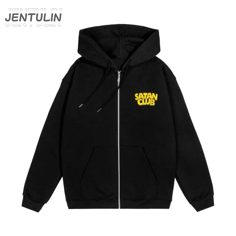 Hip Hop Zipper Men Hoodie Satan Club Graphic Zip Up Hooded Pullover Sweatshirts Winter Streetwear Jacket Y2K Coat Clothing Goth