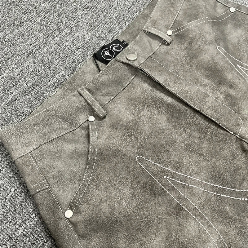 Europe America Trend THUG CLUB Casual Pants Embroidery Logo Pu Leather Pants High Street Hip Hop Loose Straight-leg Pants