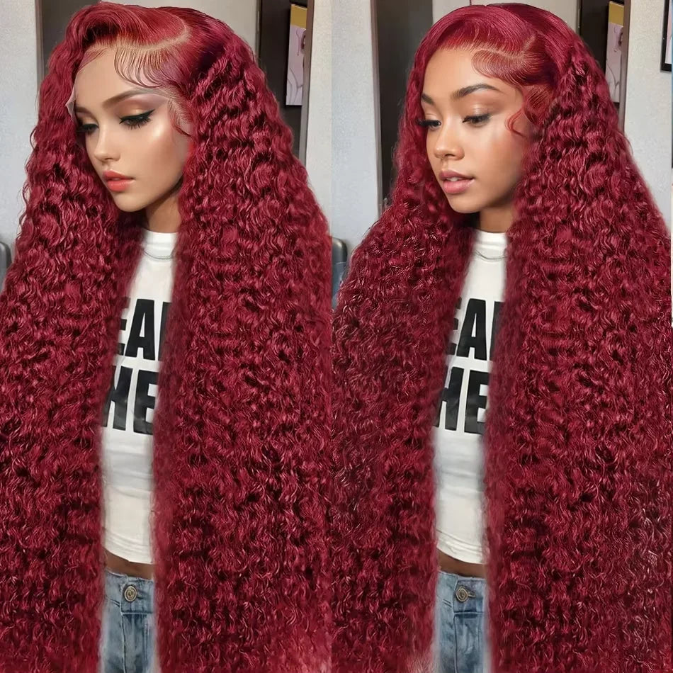 SoGreat Burgundy Curly Wigs Deep Wave Lace Front Wig 13x6 13x4 Lace Frontal Water Wave Human Hair Wig 99j Human Hair Brazilian