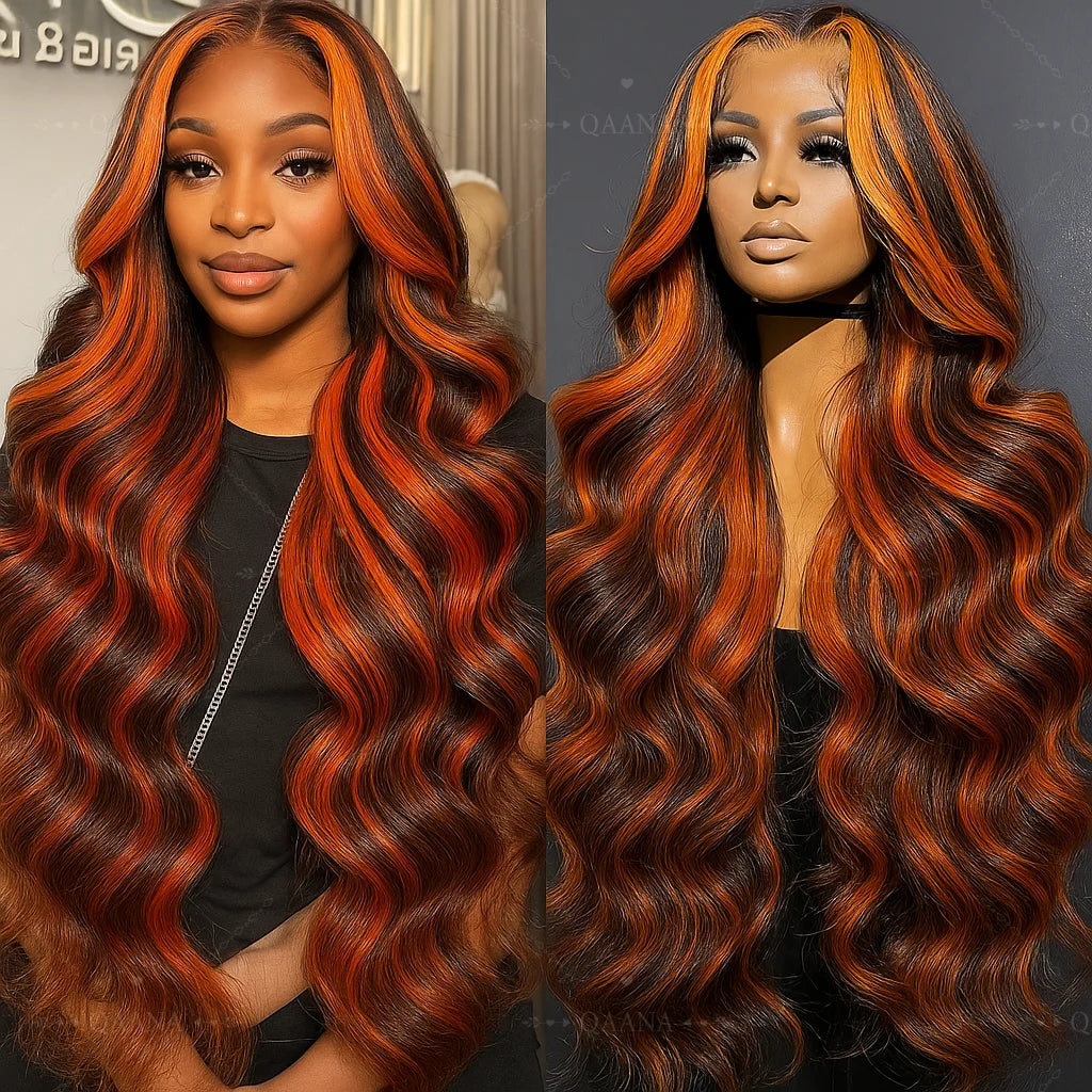Brown Ginger Highlight Wigs Human Hair 5x5 Lace Frontal Body Wave Glueless Pre Cut Ombre Ginger Colored Hair Wigs For Women