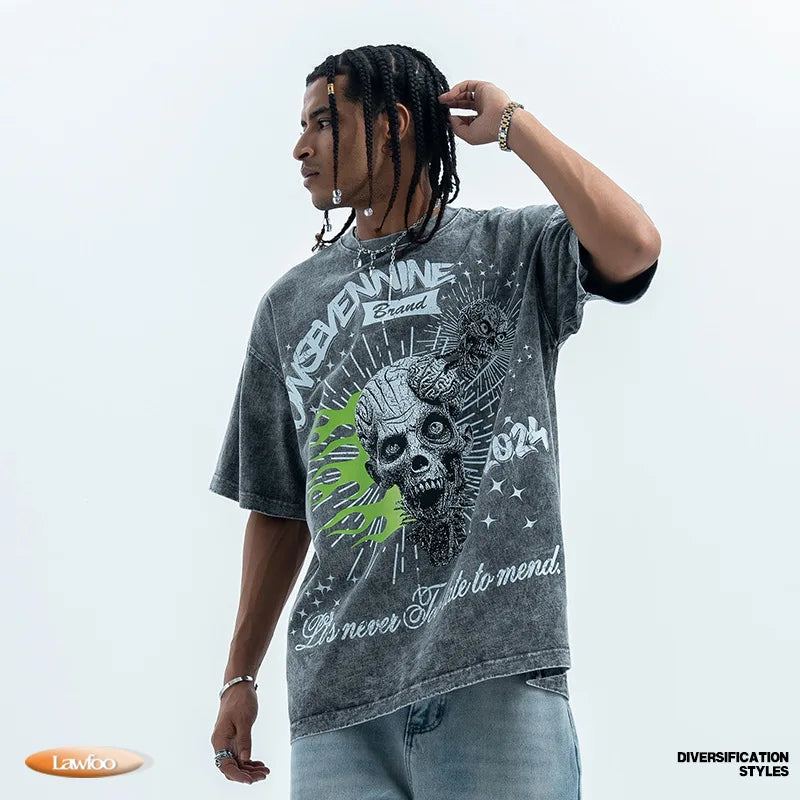 LawFoo American trendy brand washed retro old large print pure cotton short-sleeved T-shirt men and women street hip-hop