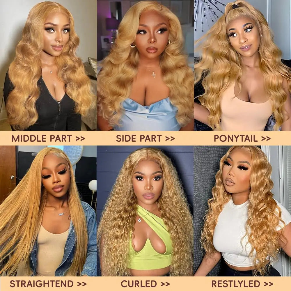 Honey Blonde Wig Human Hair 200% Density Body Wave 13x4 13x6 Lace Front Wigs Human Hair Pre Plucked Colored 27# Lace Frontal Wig