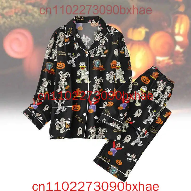 Halloween Pattern Pajamas Set Mickey Mouse Pumpkin Pajamas Magic Kingdom Cartoon Characters Sleepwear Holiday Long Sleeve Pajama