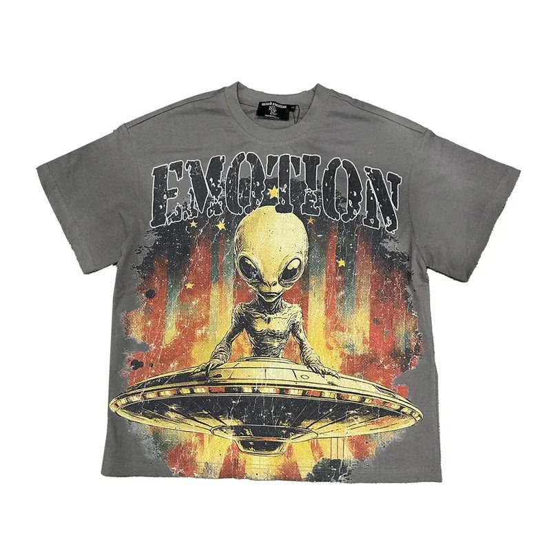American Hip Hop Trendy Brand MIXED EMOTION T-shirt High Street Creative Print Couple Summer Casual Short Sleeve Tops