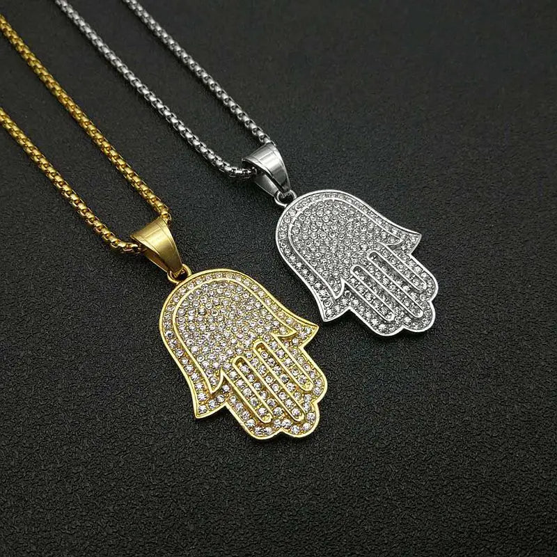 Hip Hop Full Zircon Pave Bling Iced Out Fatima Hand Pendants Necklace Mens Gold Color 316L Stainless Steel Chain Jewerly