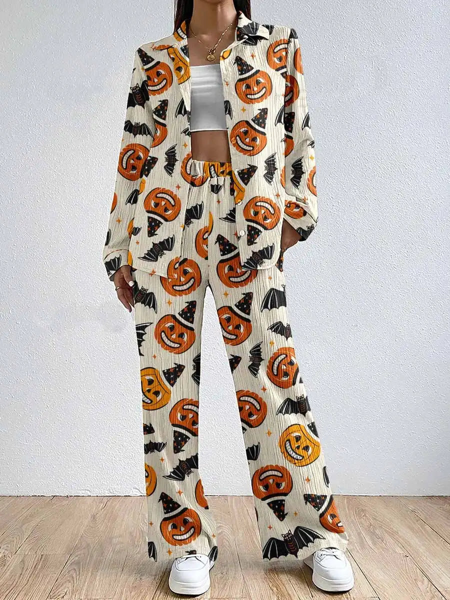 Women Halloween Pajama Set Pumpkin Bat Print Long Sleeve Top with Pants Sleepwear Loungewear