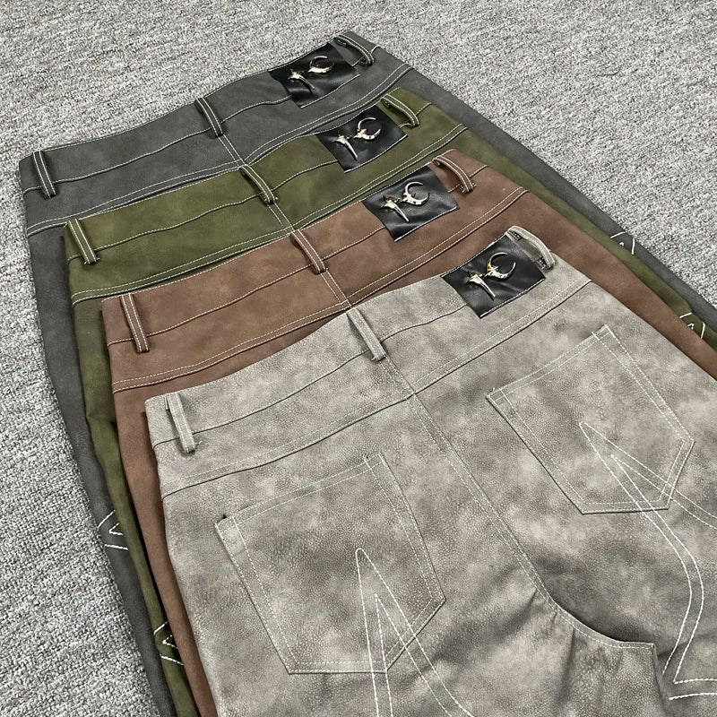 High Street Trend THUG CLUB Pu Leather Pants Hip Hop Men's Loose Embroidery Logo Straight-leg Trousers Thug Club Casual Pants