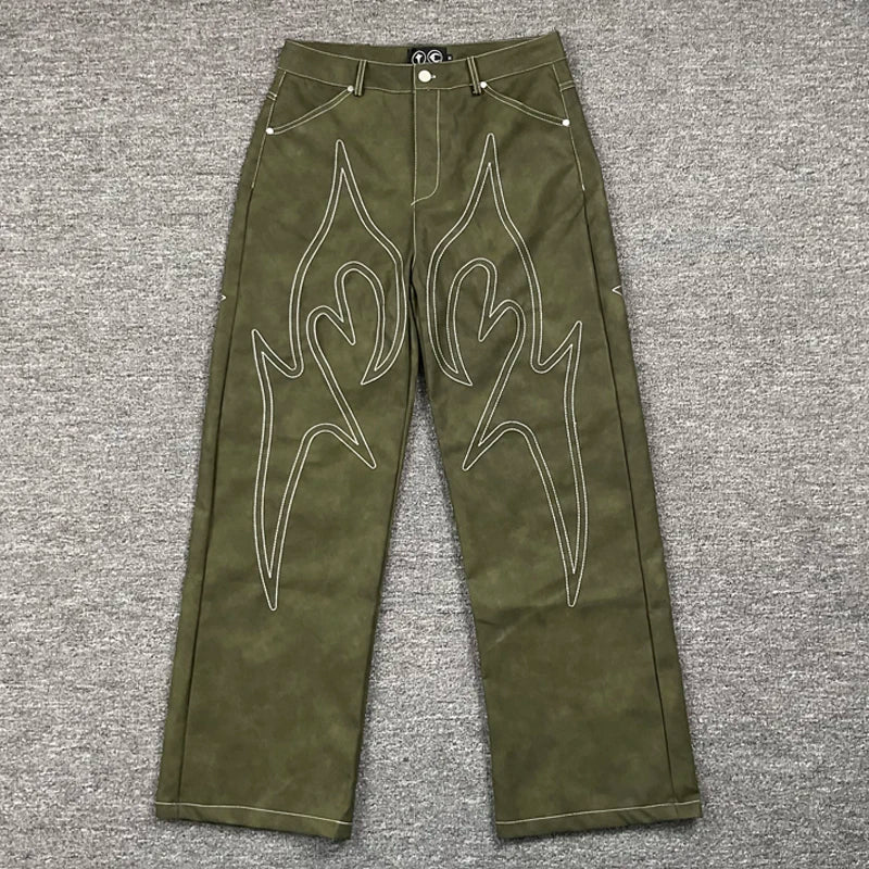 Europe America Trend THUG CLUB Casual Pants Embroidery Logo Pu Leather Pants High Street Hip Hop Loose Straight-leg Pants