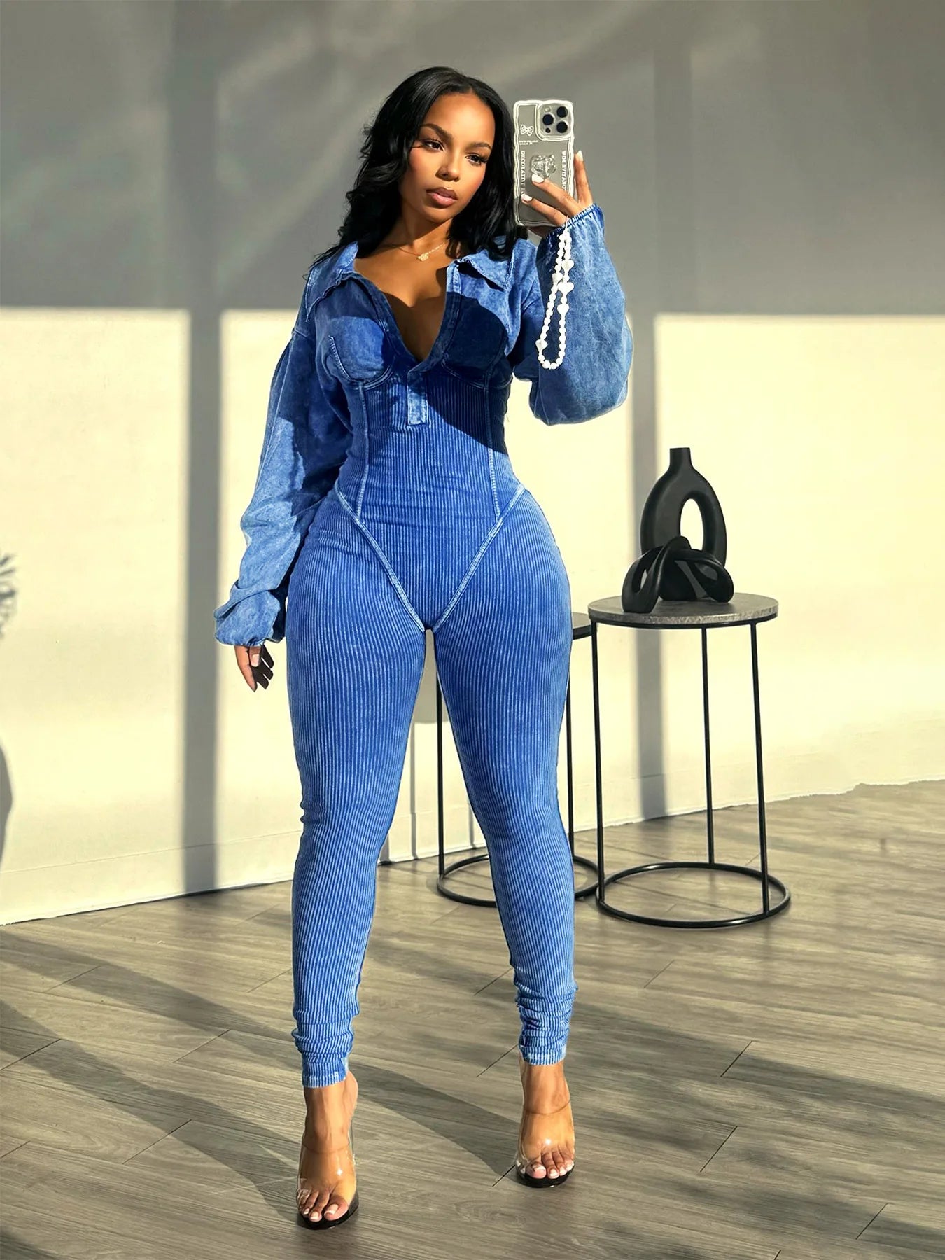 Fashion Women's Washing Old Sexy Deep V Tight Long Sleeve Autumn Winter Jumpsuit Pencil Pants High Waist Sportswear Casual