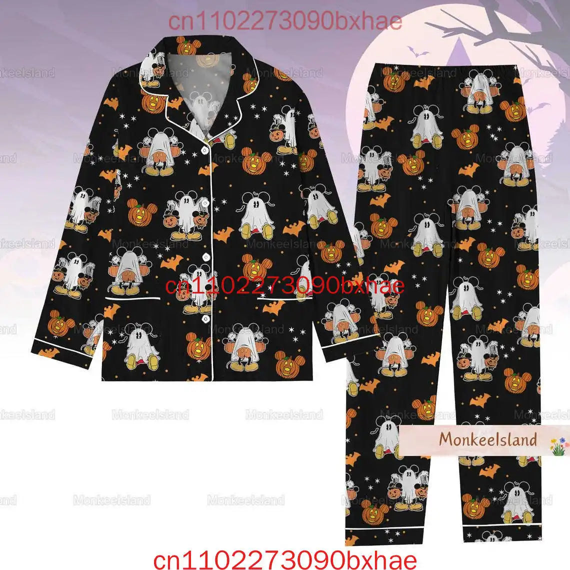 Halloween Pattern Pajamas Set Mickey Mouse Pumpkin Pajamas Magic Kingdom Cartoon Characters Sleepwear Holiday Long Sleeve Pajama