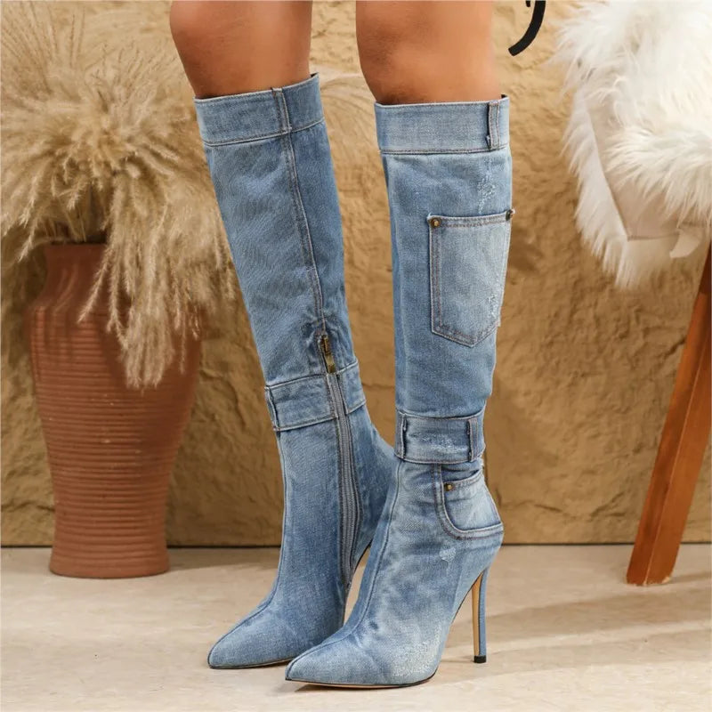 Brand New High Quality Pointed Toe Women's Denim Stiletto Boots Zipper High Heeled Knee High Boots Sexy Woman Shoes for Party