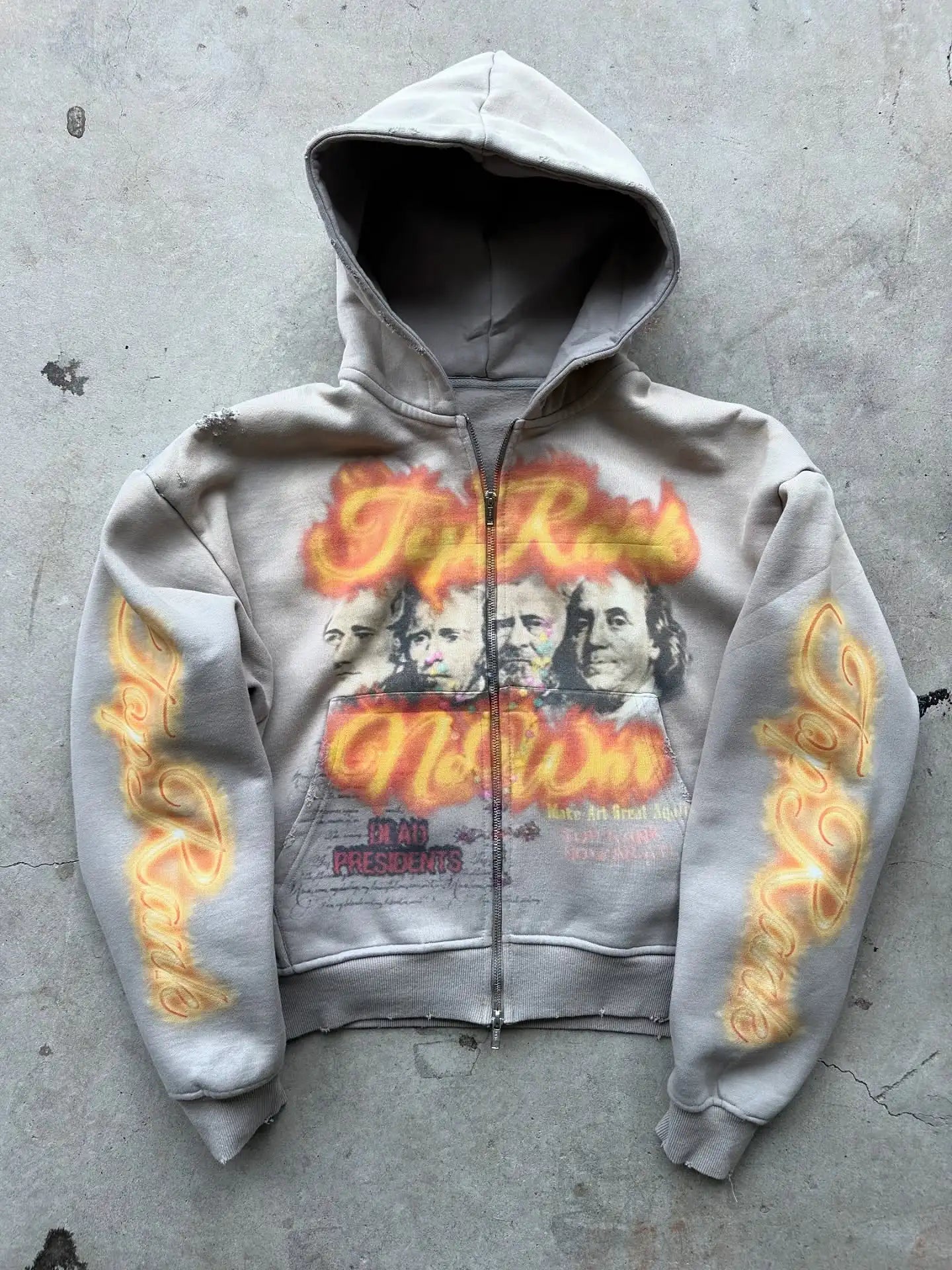 Y2K Gray Zip Hoodie Top Rank President Print Sweater Men Women Fashion Vintage Classic Hip Hop Streetwear Clothing Loose Jacket