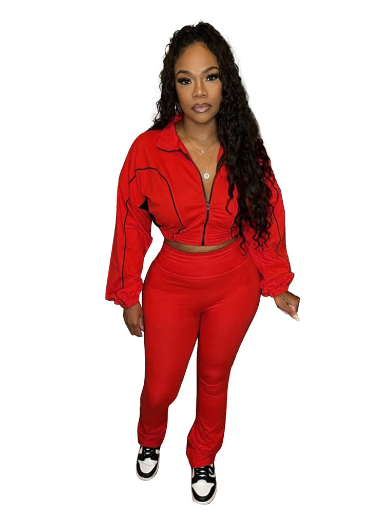 2025 Trendy Women Clothes Contrast Color Tracksuit Zip Crop Jacket and High Waist Flare Pants Suit Sports Gym 2 Two Piece Set