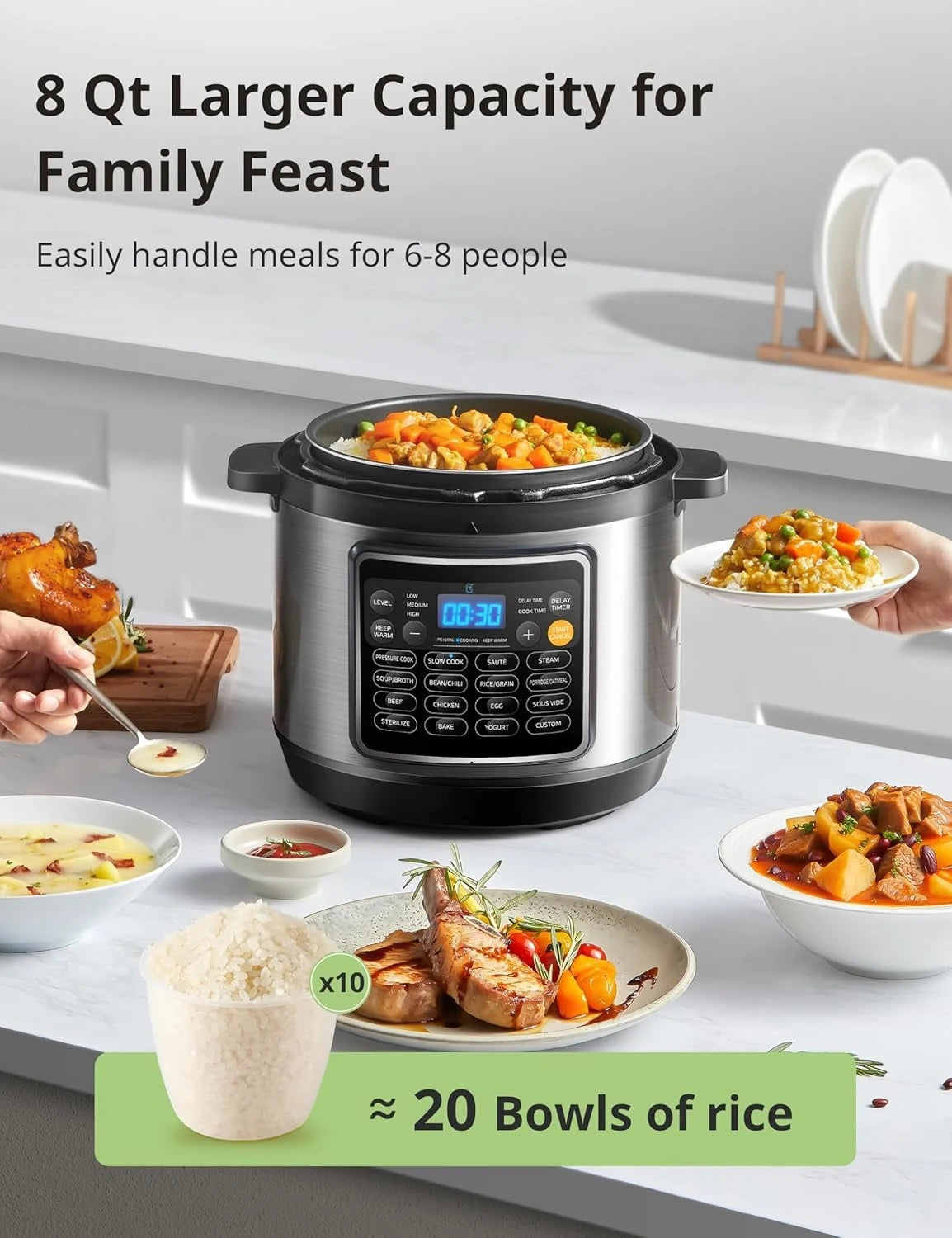16 in 1 Electric Pressure Cooker Non-Stick Pot Yogurt Maker Rice Slow Saute Steamer 8 Quarts Stainless Steel