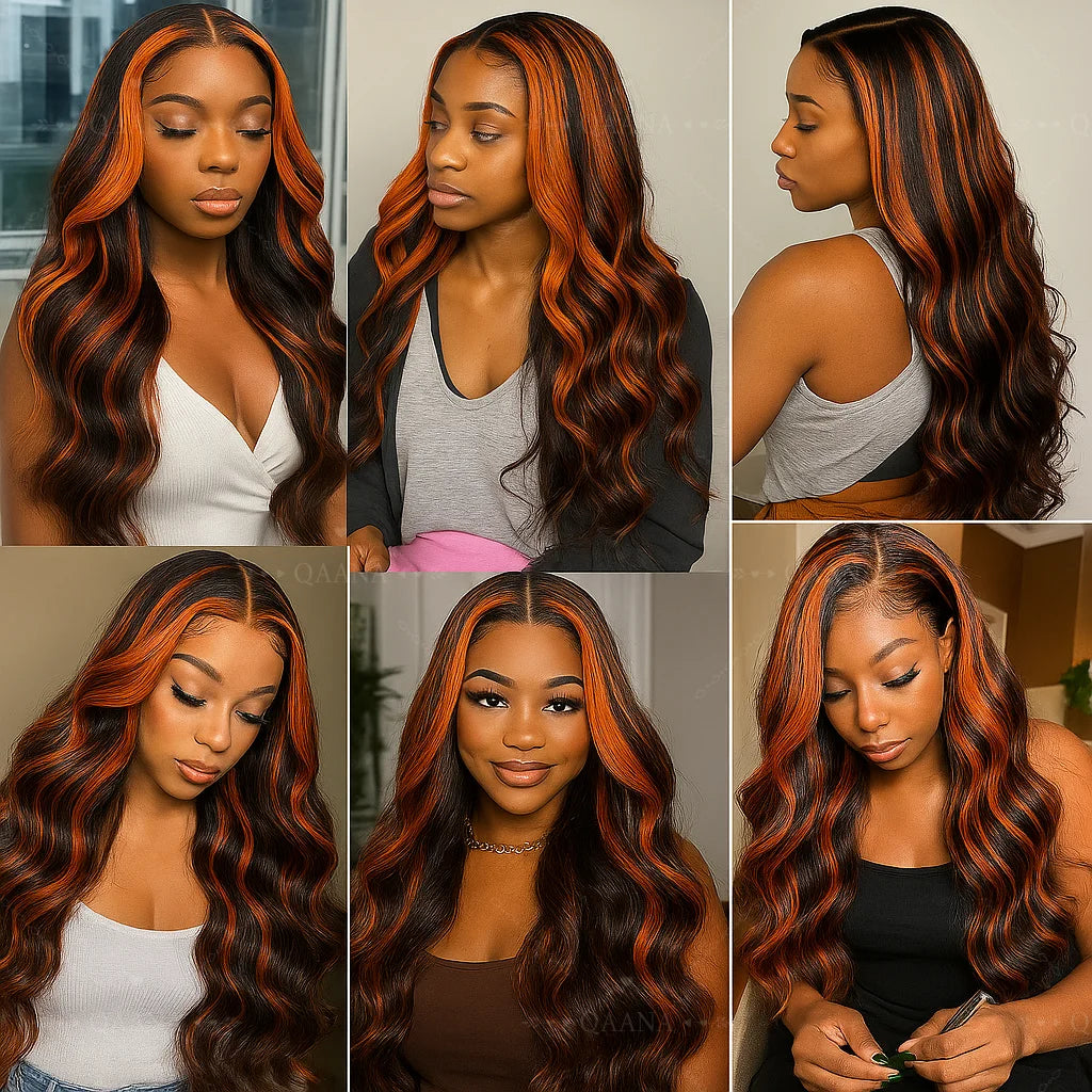 Brown Ginger Highlight Wigs Human Hair 5x5 Lace Frontal Body Wave Glueless Pre Cut Ombre Ginger Colored Hair Wigs For Women