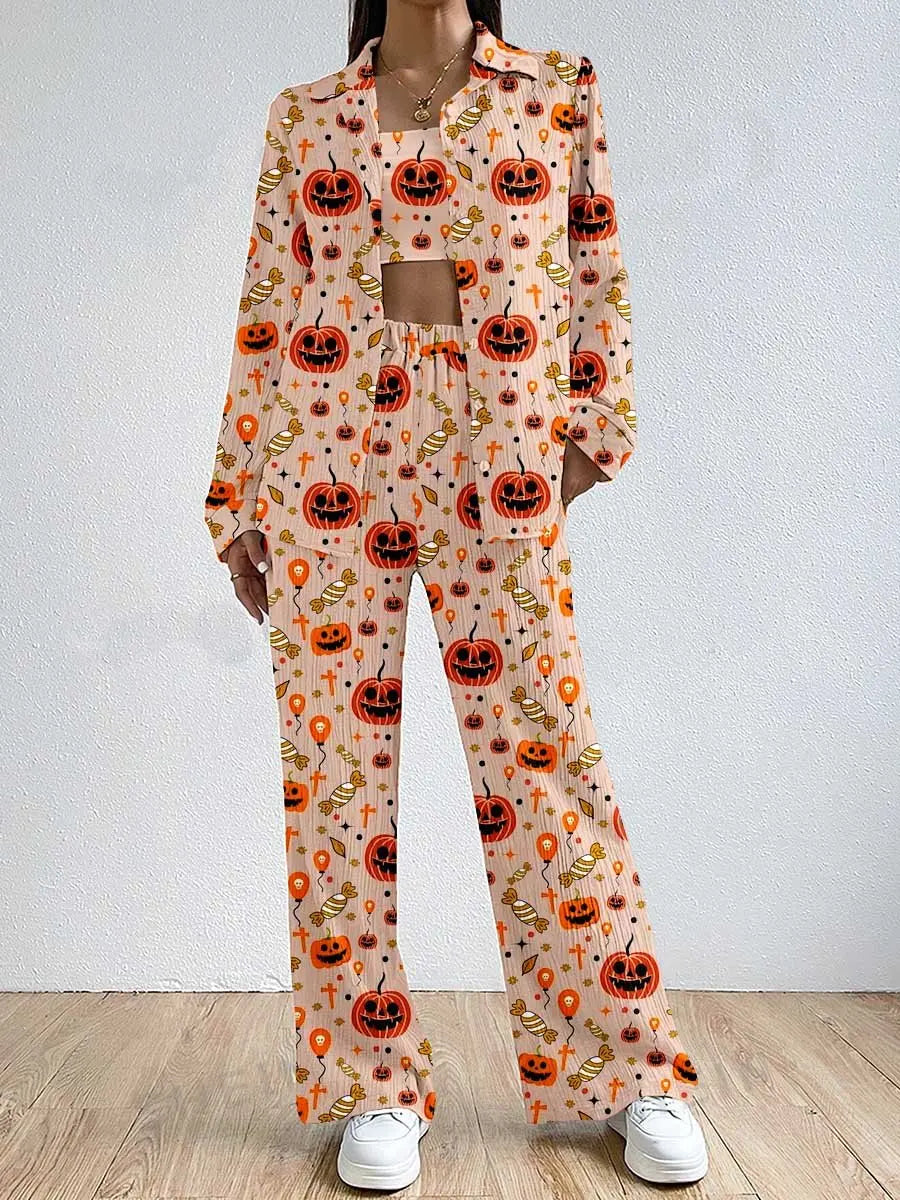 Women Halloween Pajama Set Pumpkin Bat Print Long Sleeve Top with Pants Sleepwear Loungewear
