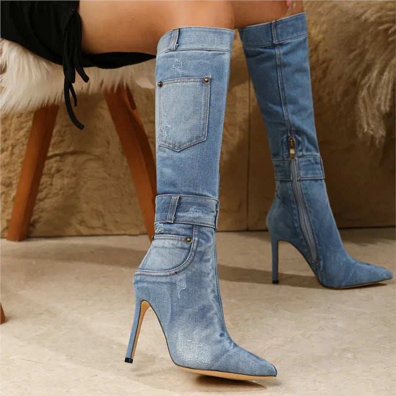 Brand New High Quality Pointed Toe Women's Denim Stiletto Boots Zipper High Heeled Knee High Boots Sexy Woman Shoes for Party