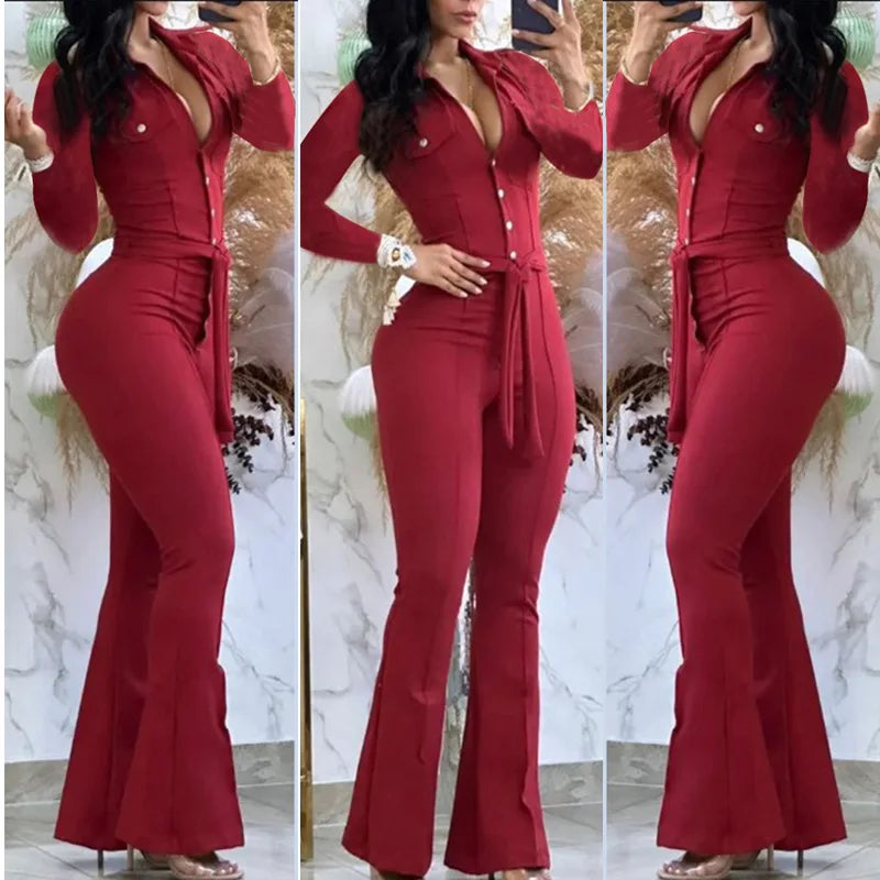 Casual Flared Pants Jumpsuit Women Solid Button Down High Waist Party Club Night Out Evening Jumpsuit with Belt