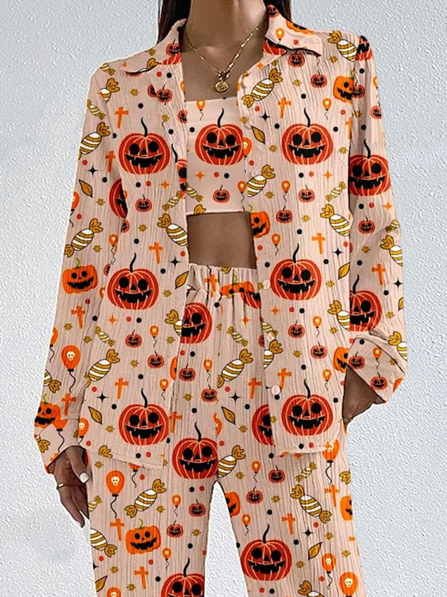 Women Halloween Pajama Set Pumpkin Bat Print Long Sleeve Top with Pants Sleepwear Loungewear