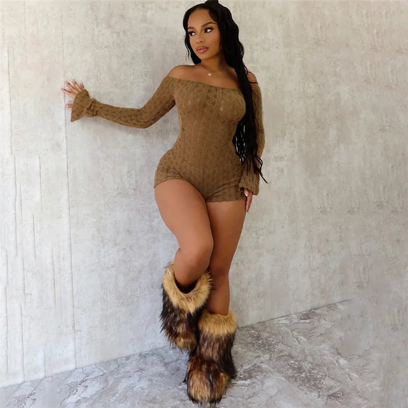 Backless Romper Women Knit Thin Fall Slash Neck Full Sleeve Hipster Playsuit Street Workout Activity Shorts Overalls