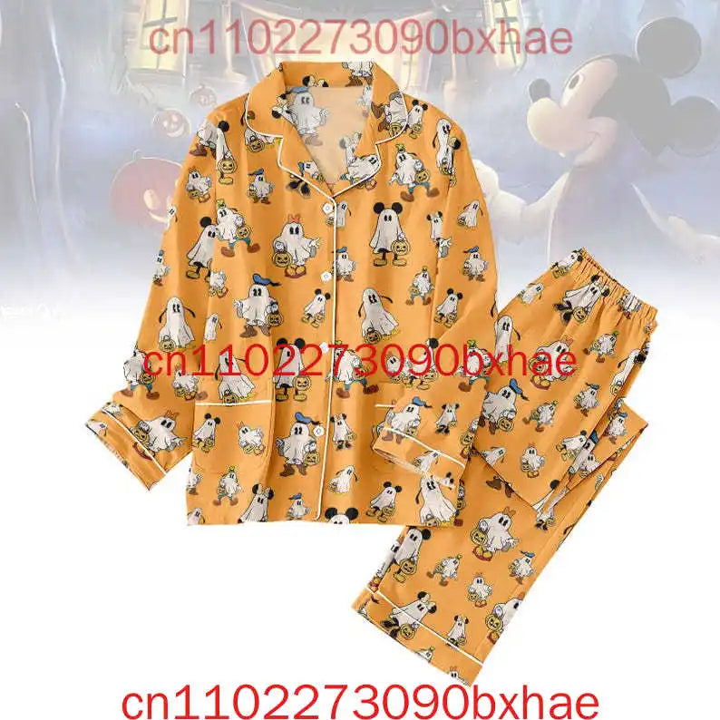 Halloween Pattern Pajamas Set Mickey Mouse Pumpkin Pajamas Magic Kingdom Cartoon Characters Sleepwear Holiday Long Sleeve Pajama