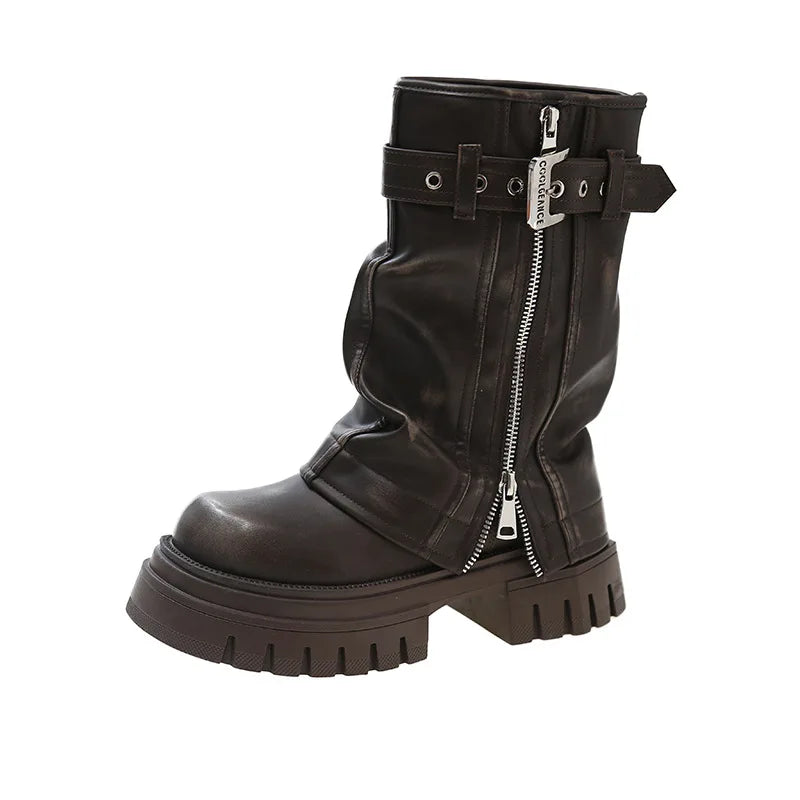 Winter Women Biker Boots Fashion Belt Buckle Ladies Elegant Platform Flats Short Booties Casual Women's Knight Booties41-46
