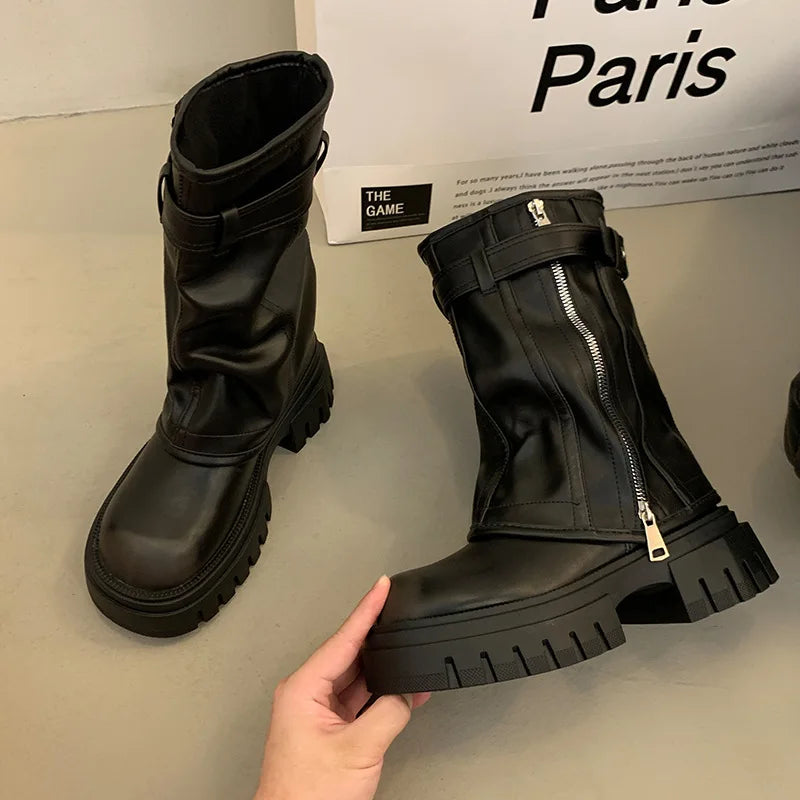 Autumn Winter Women Biker Boots Fashion Belt Buckle Ladies Elegant Platform Flats Short Booties Casual Women's Knight Booties