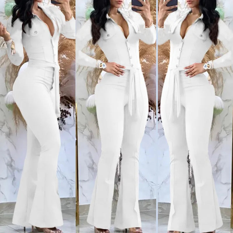 Casual Flared Pants Jumpsuit Women Solid Button Down High Waist Party Club Night Out Evening Jumpsuit with Belt