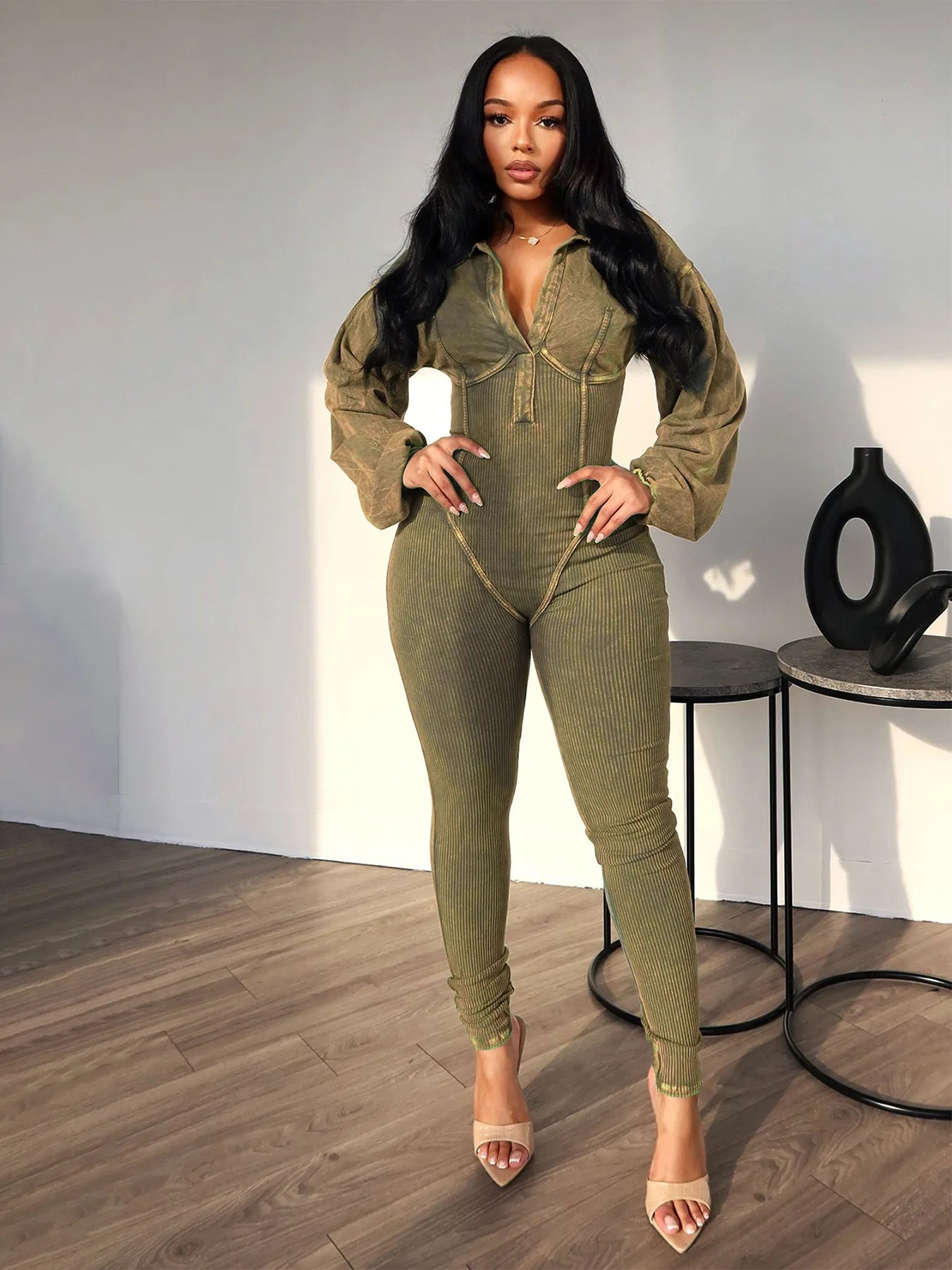 Fashion Women's Washing Old Sexy Deep V Tight Long Sleeve Autumn Winter Jumpsuit Pencil Pants High Waist Sportswear Casual