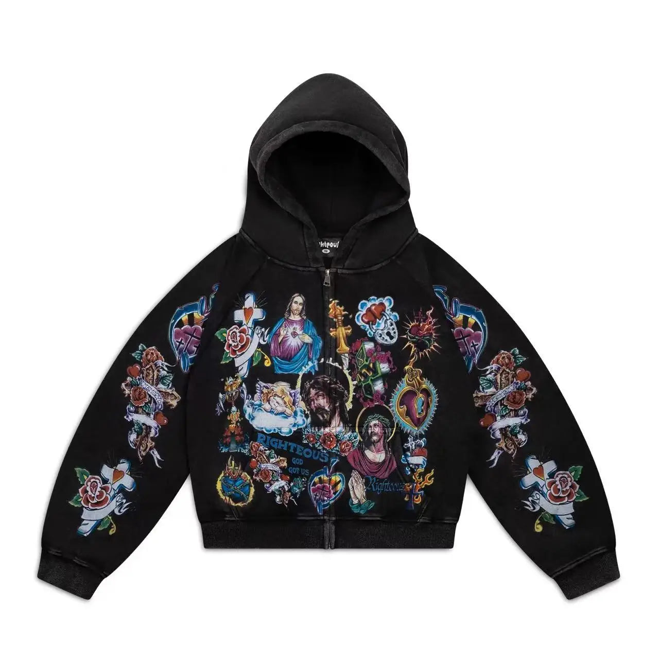 Y2k Hip Hop Retro Pattern Print Zip Up Hoodies Men Clothing Streetwear Harajuku Oversized Jacket Gothic Casual Sweatshirt Hoodie