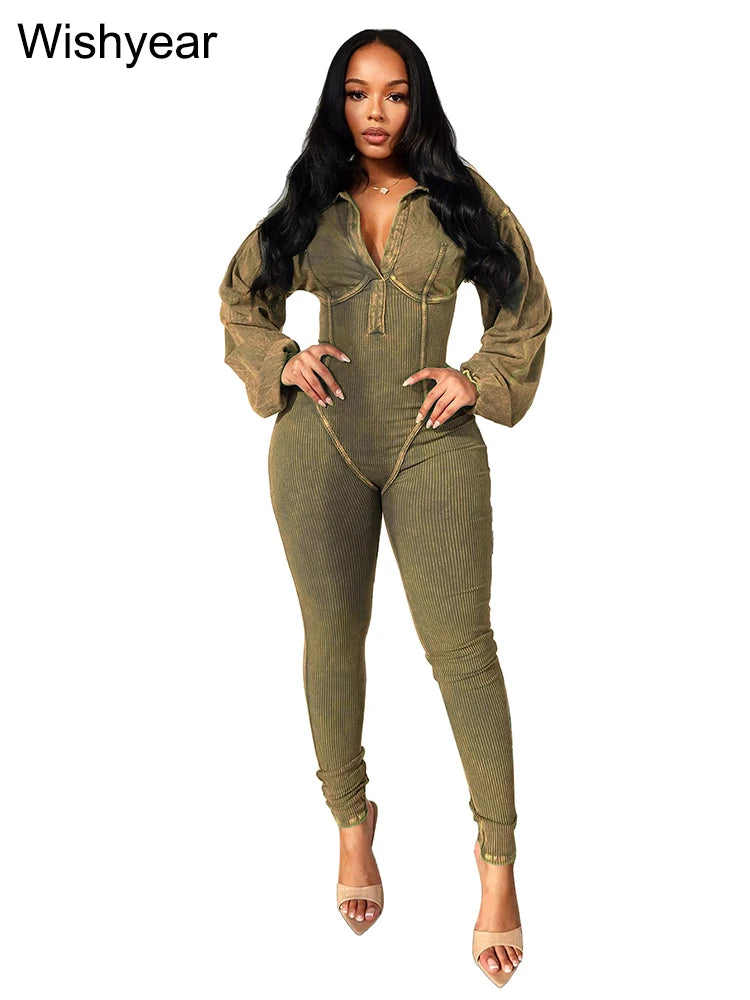 Elegant Autumn Pink Jumpsuits for Women Street Long Sleeve Lapel Bodycon Sexy Sporty Rompers Casual Skinny One Pieces Overall