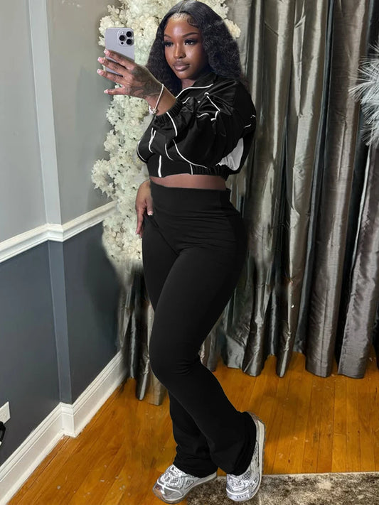 2025 Trendy Women Clothes Contrast Color Tracksuit Zip Crop Jacket and High Waist Flare Pants Suit Sports Gym 2 Two Piece Set
