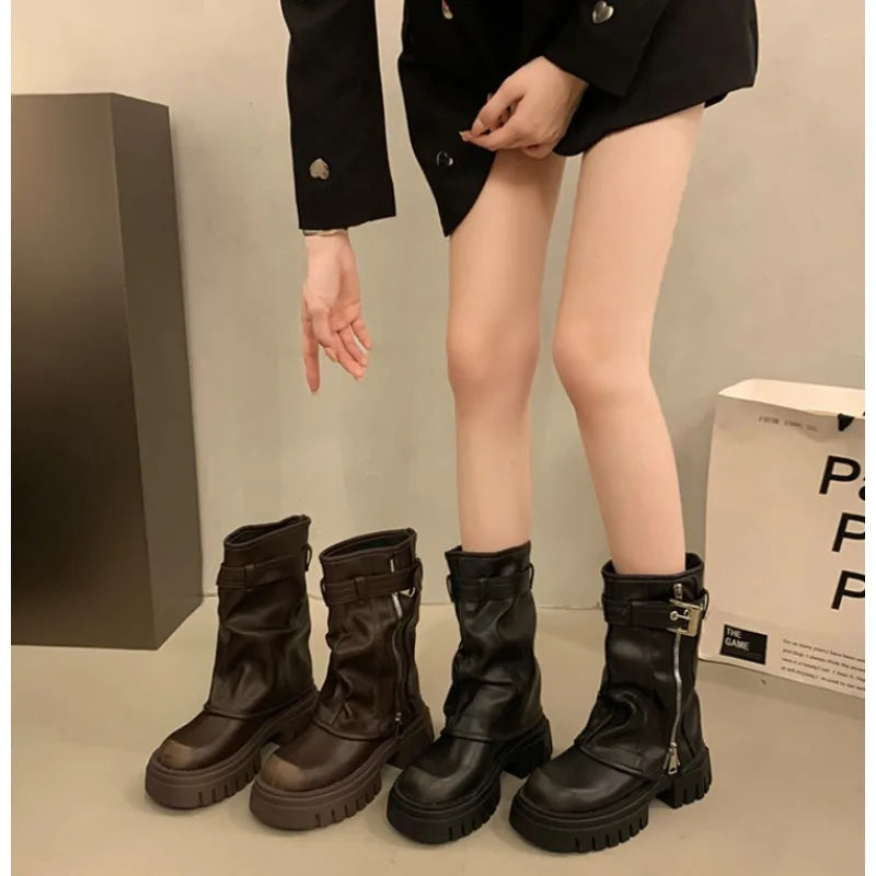 Autumn Winter Women Biker Boots Fashion Belt Buckle Ladies Elegant Platform Flats Short Booties Casual Women's Knight Booties