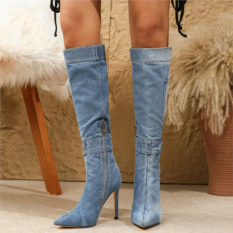Brand New High Quality Pointed Toe Women's Denim Stiletto Boots Zipper High Heeled Knee High Boots Sexy Woman Shoes for Party