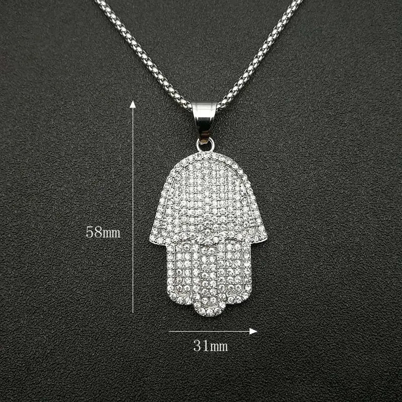 Hip Hop Full Zircon Pave Bling Iced Out Fatima Hand Pendants Necklace Mens Gold Color 316L Stainless Steel Chain Jewerly