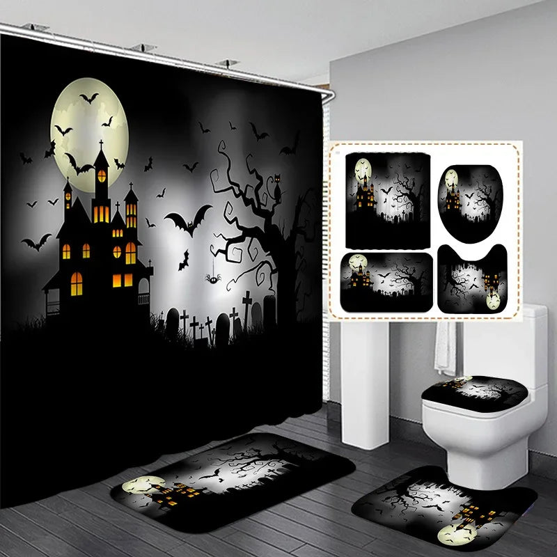 Halloween Elements 3D Digital Printing Shower Curtain Bathroom Waterproof Partition Curtain 180*180 Four-piece Set Holiday Dress