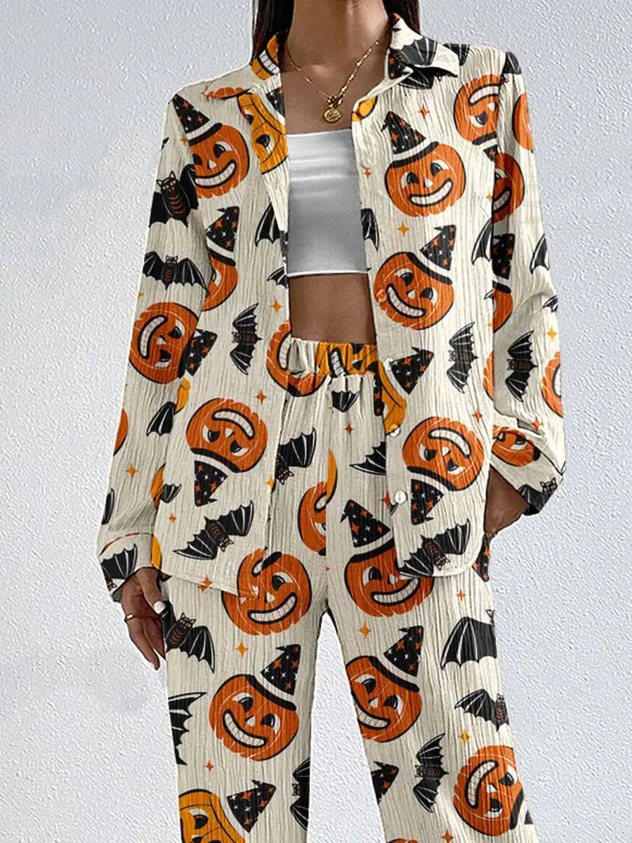 Women Halloween Pajama Set Pumpkin Bat Print Long Sleeve Top with Pants Sleepwear Loungewear
