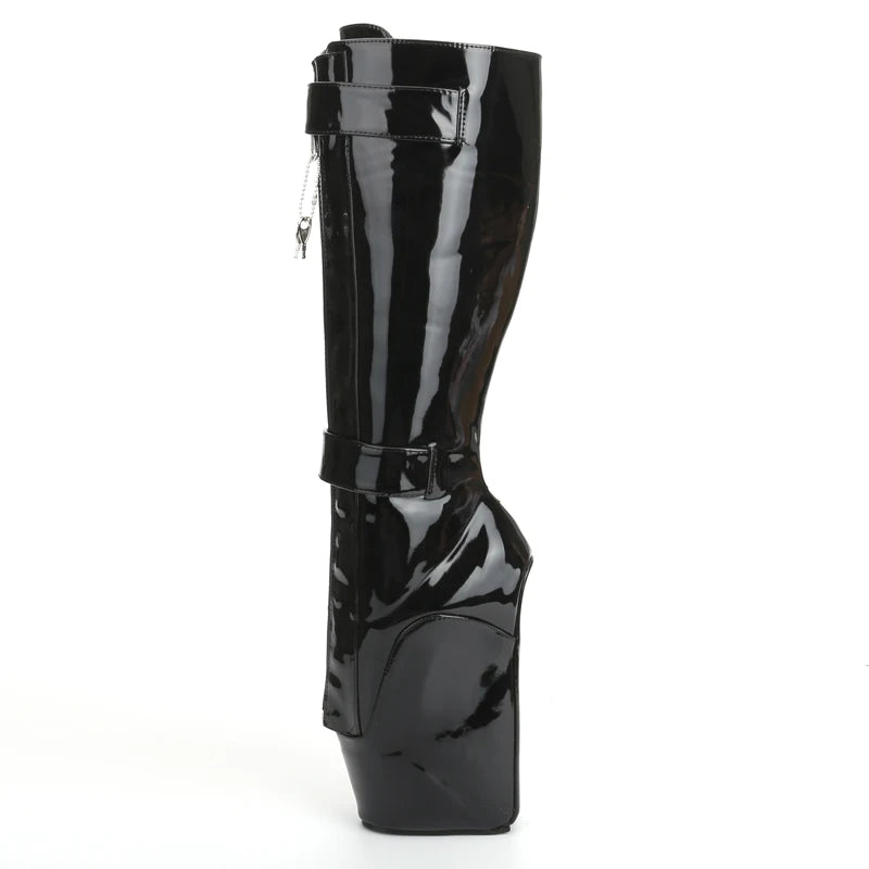 jialuowei Women Sexy Boots 18cm High Wedge Heel Heelless Sole Lockable Zipper padlocks Knee-High Ballet Boots Unisex Shoes