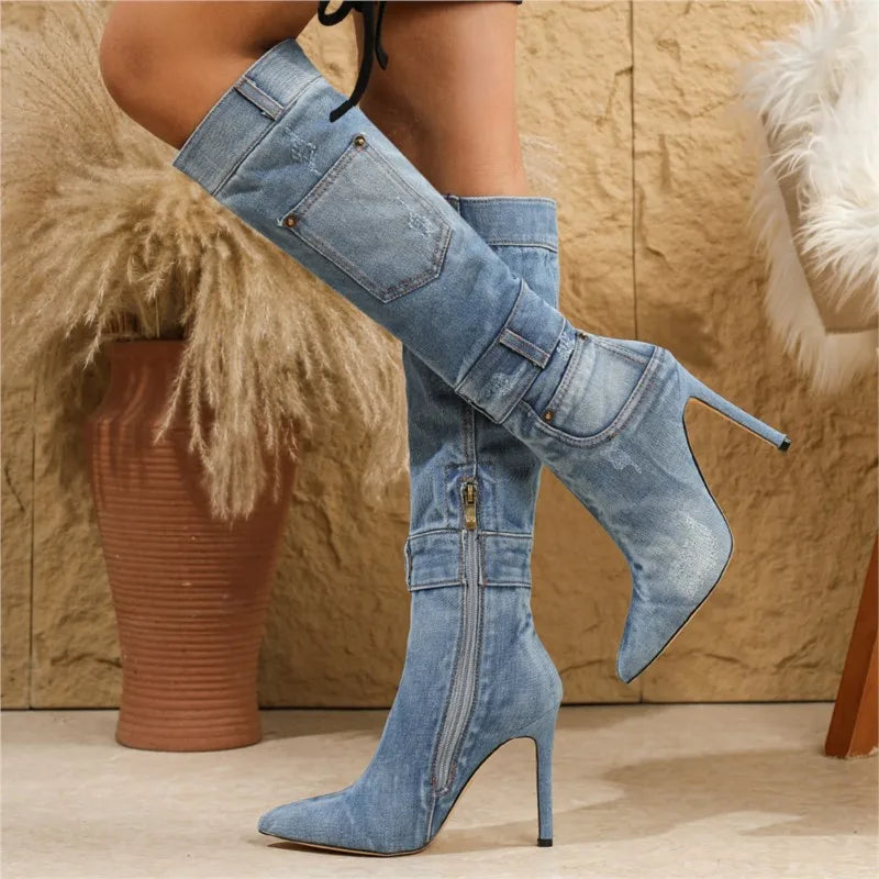 Brand New High Quality Pointed Toe Women's Denim Stiletto Boots Zipper High Heeled Knee High Boots Sexy Woman Shoes for Party