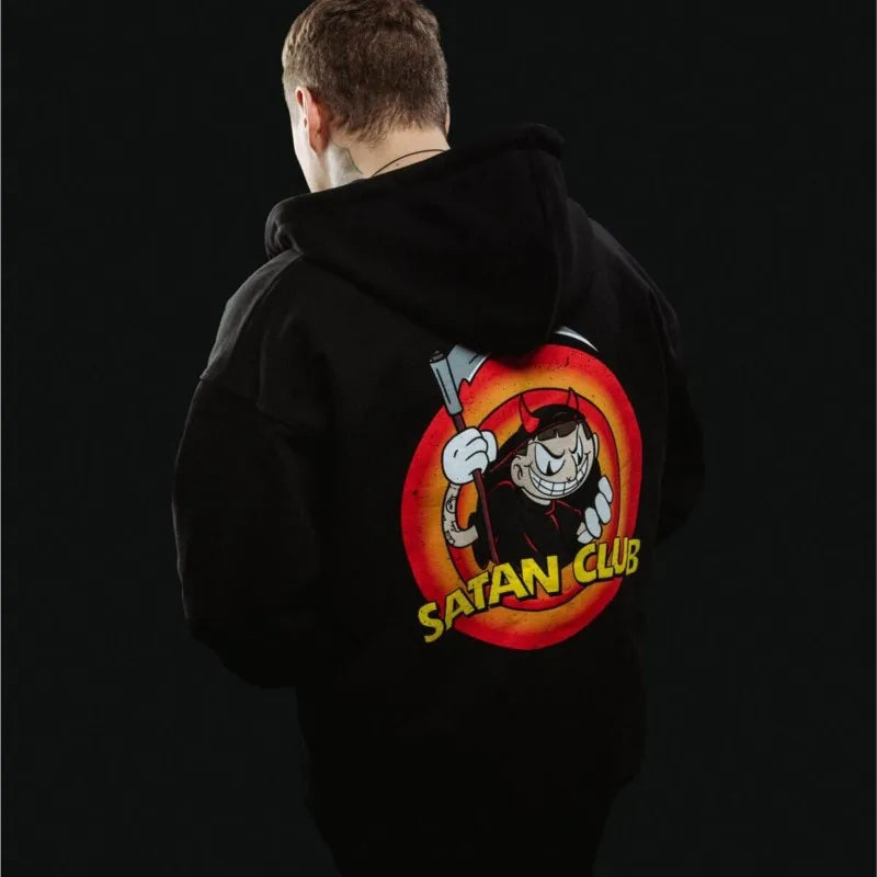 Hip Hop Zipper Men Hoodie Satan Club Graphic Zip Up Hooded Pullover Sweatshirts Winter Streetwear Jacket Y2K Coat Clothing Goth