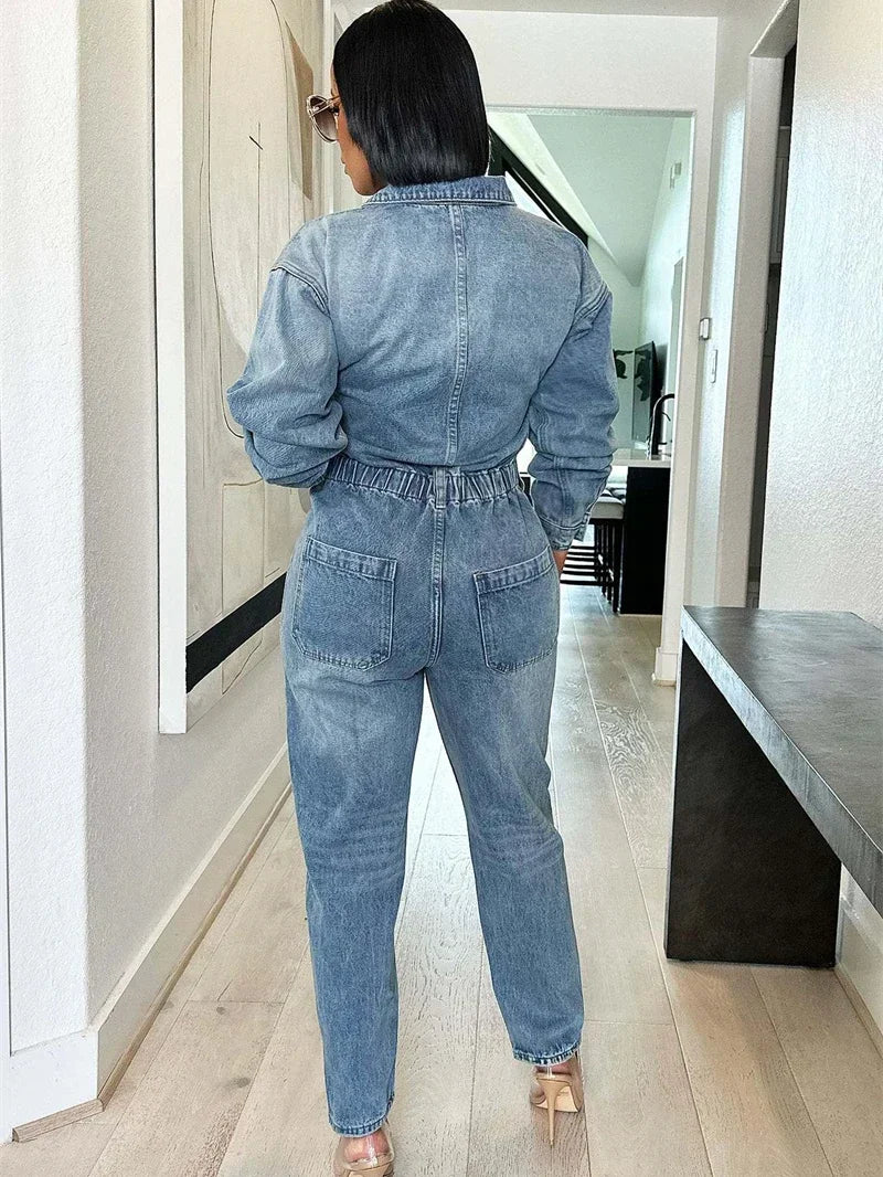 Streetwear Jeans Jumpsuit Autumn Clothes Women 2025 Full Sleeve Turn Down Collar Denim Rompers Cowboy One Pieces Overalls Outfit