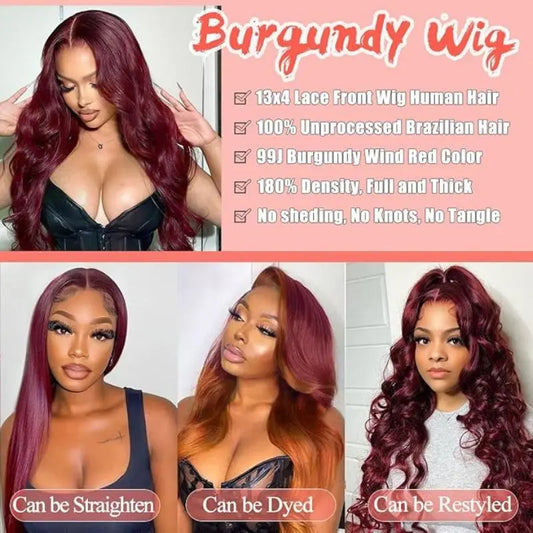 99J Burgundy 13x4 Lace Front Human Hair Wig 180% Density Body Wave Glueless Red Wig 18 Inch For Black Women