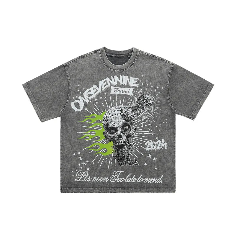 LawFoo American trendy brand washed retro old large print pure cotton short-sleeved T-shirt men and women street hip-hop